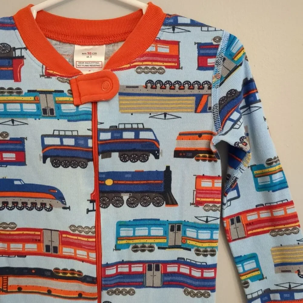 Hanna Andersson Blue Orange Train Organic Cotton Pajamas Sleeper - Boys 90 3T